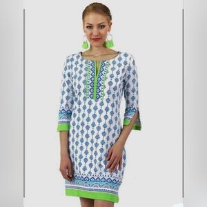 Barbara Gerwit Resort Inspired White Blue Green Geometric Print Shift Dress
